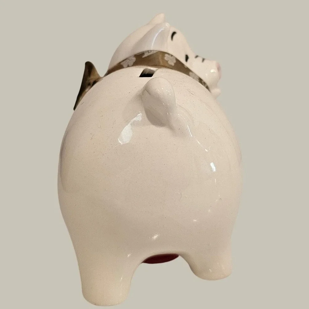 Vintage Ceramic Piggy Bank Winking Pig Off White Floral Ribbon Coin Bank